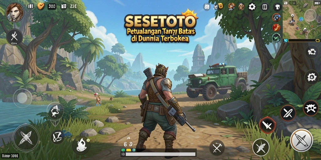 Screenshot utama SESETOTO menampilkan petualangan seru di dunia terbuka.