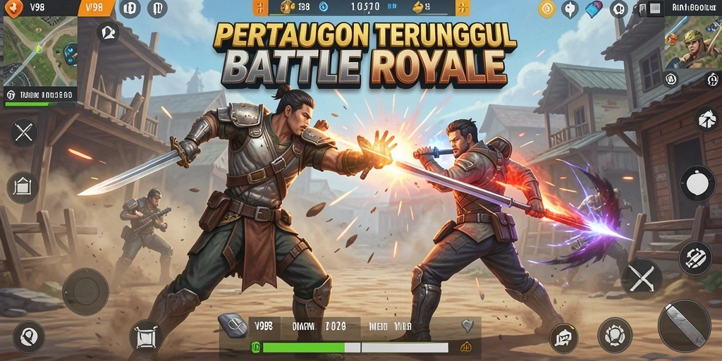 Tampilan mendebarkan gameplay Battle Royale di V98 dengan aksi intens.